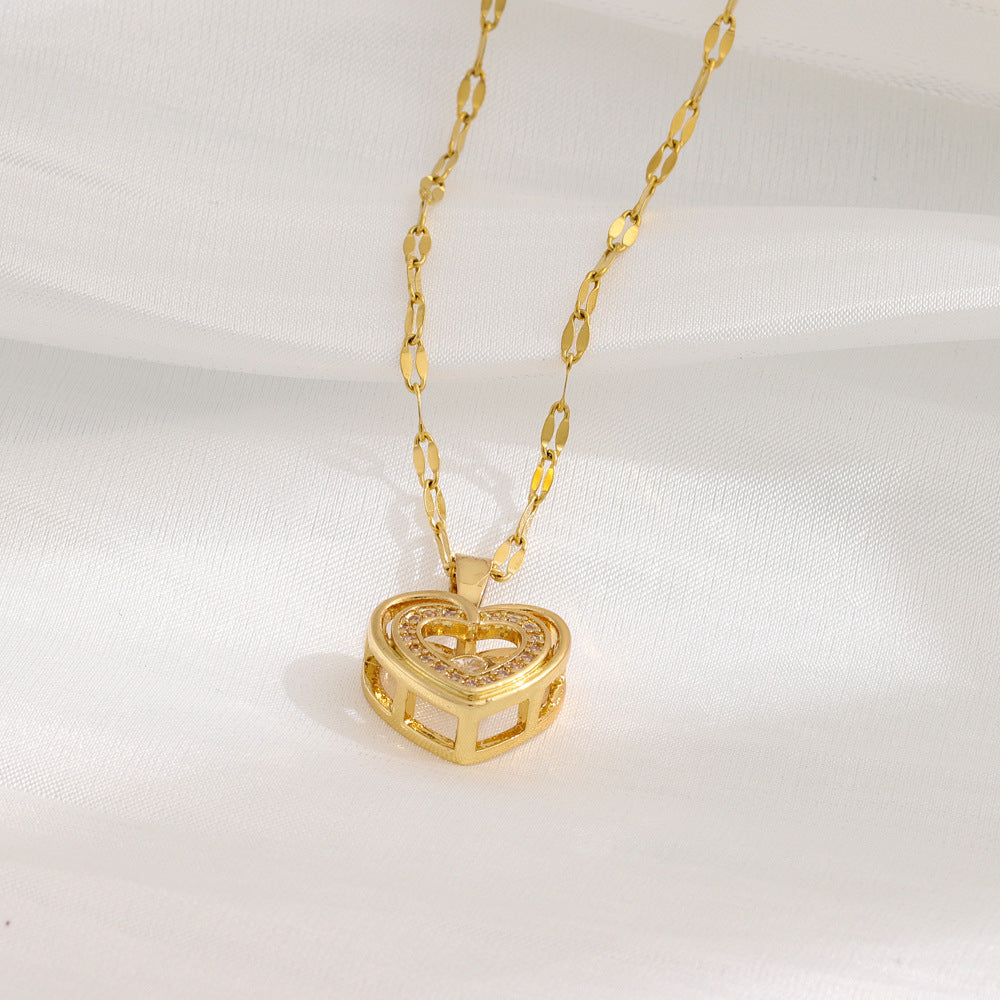 Double-Layer Love Necklace – Rhinestone Titanium Steel Pendant for Women