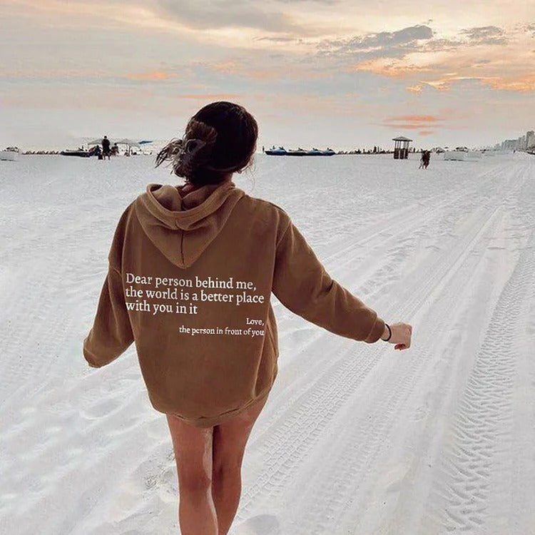 “Dear Person Behind Me” Plush Hoodie – Cozy Unisex Letter Print with Kangaroo Pocket