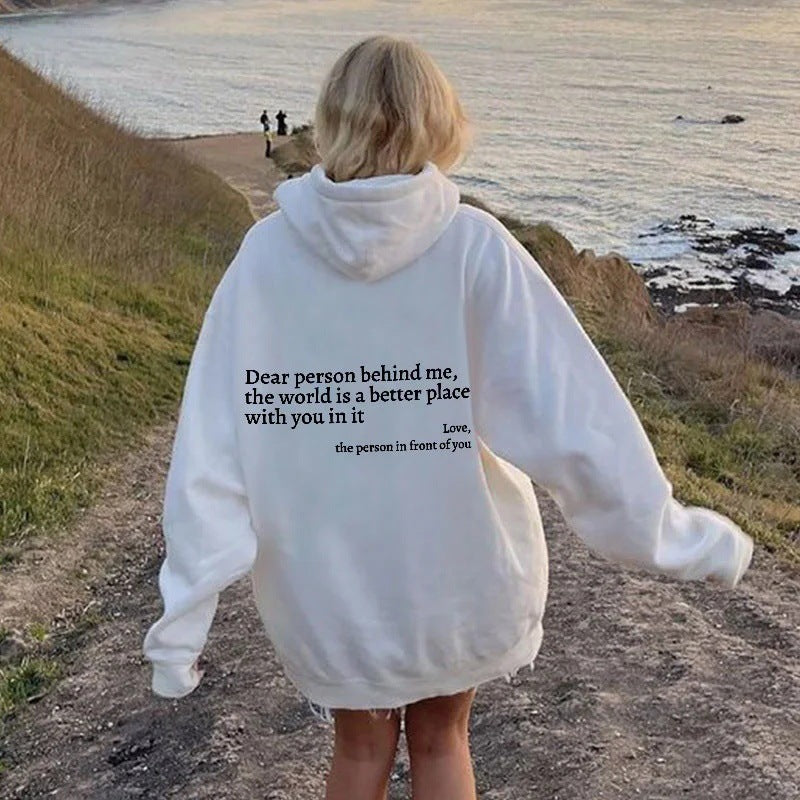 “Dear Person Behind Me” Plush Hoodie – Cozy Unisex Letter Print with Kangaroo Pocket