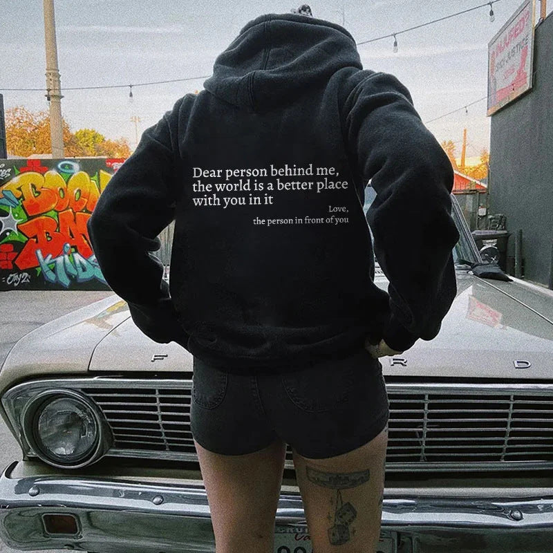 “Dear Person Behind Me” Plush Hoodie – Cozy Unisex Letter Print with Kangaroo Pocket
