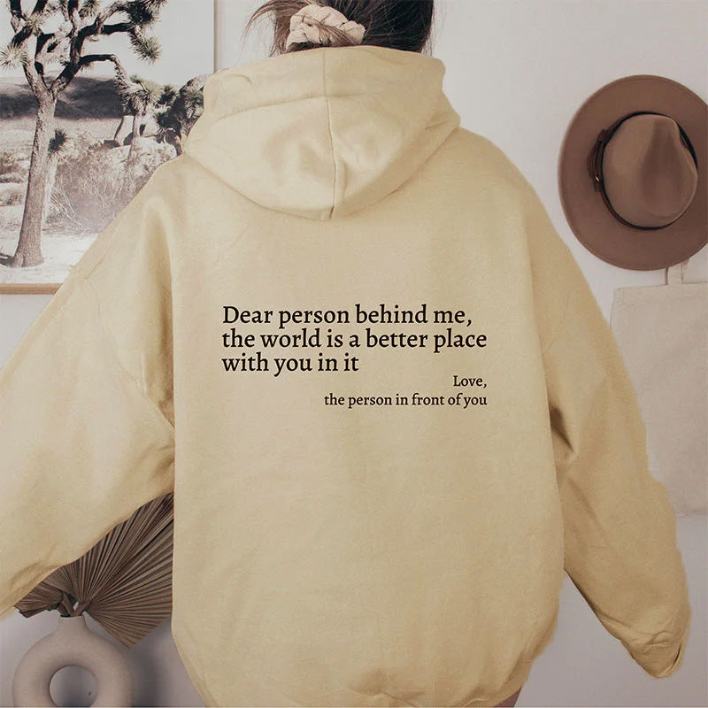 “Dear Person Behind Me” Plush Hoodie – Cozy Unisex Letter Print with Kangaroo Pocket