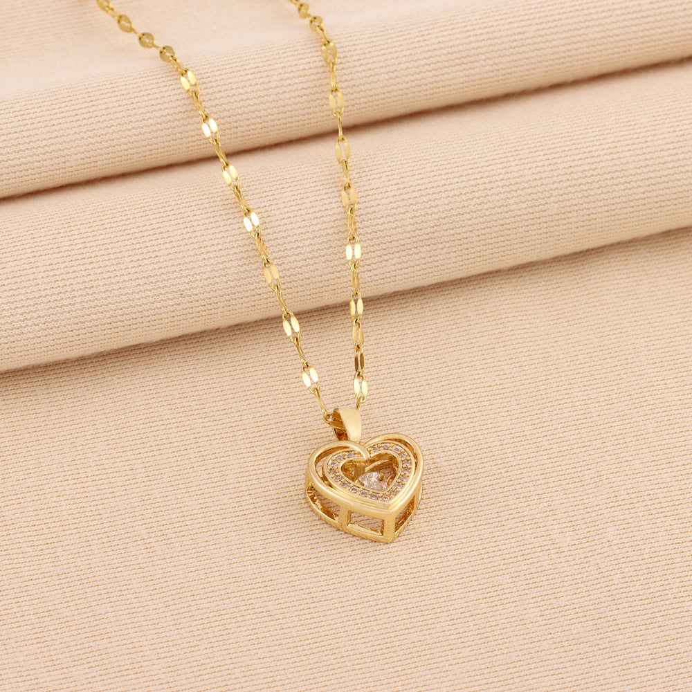 Double-Layer Love Necklace – Rhinestone Titanium Steel Pendant for Women