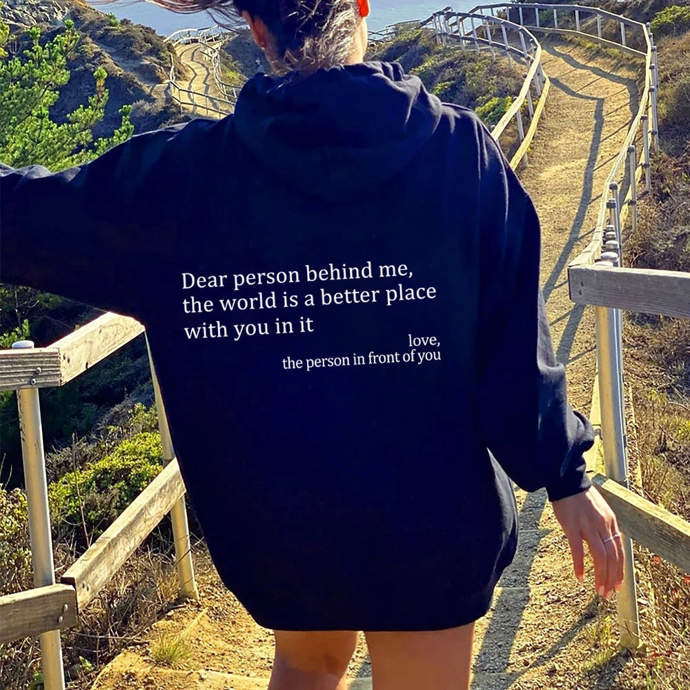 “Dear Person Behind Me” Plush Hoodie – Cozy Unisex Letter Print with Kangaroo Pocket