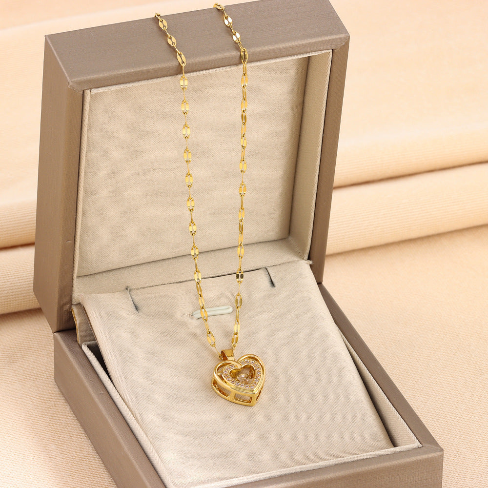 Double-Layer Love Necklace – Rhinestone Titanium Steel Pendant for Women