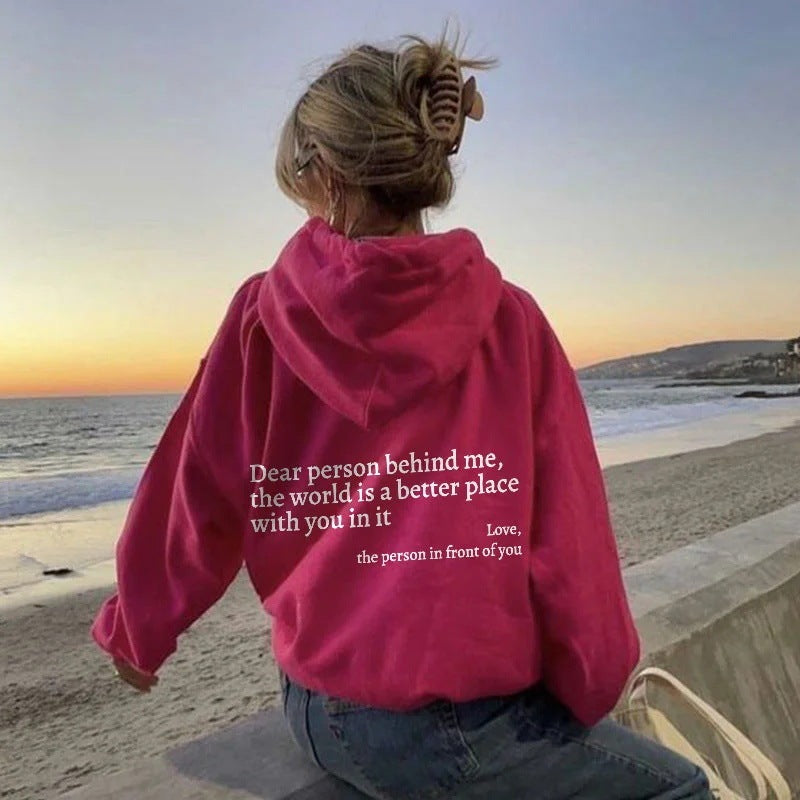 “Dear Person Behind Me” Plush Hoodie – Cozy Unisex Letter Print with Kangaroo Pocket