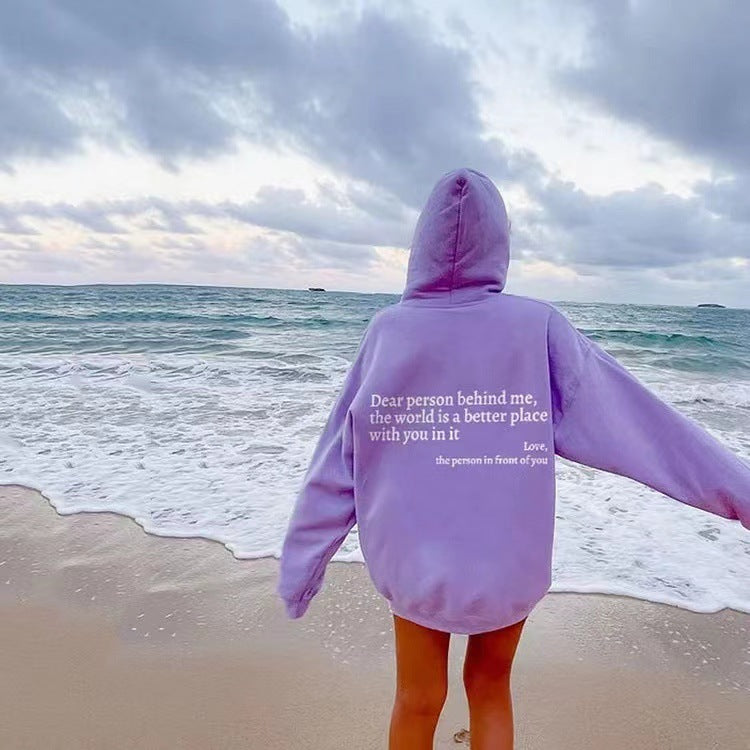 “Dear Person Behind Me” Plush Hoodie – Cozy Unisex Letter Print with Kangaroo Pocket