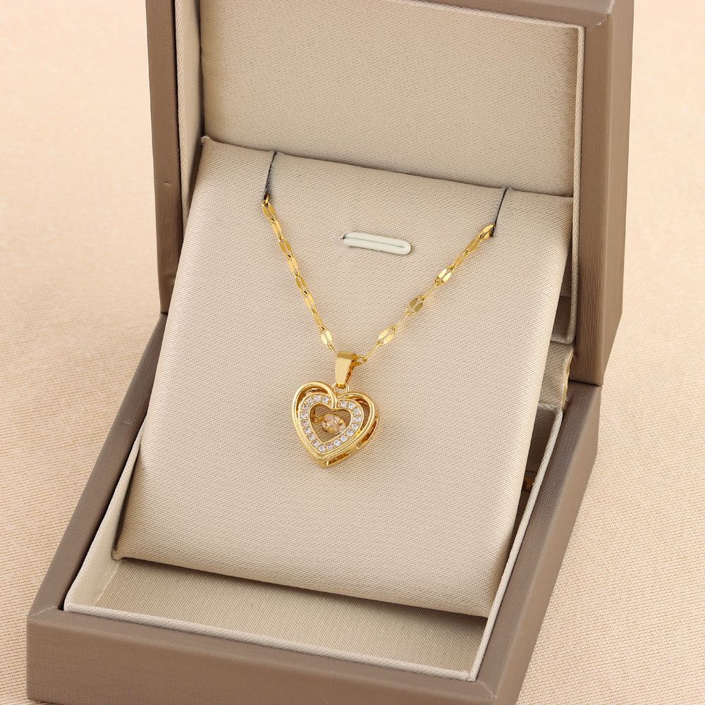 Double-Layer Love Necklace – Rhinestone Titanium Steel Pendant for Women